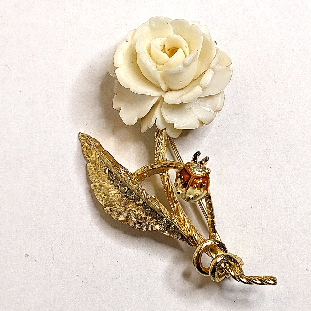 Rare Vintage Signed BSK Gold Tone Lady Bug Floral Brooch